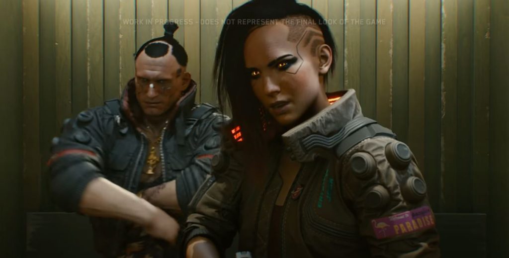 Pre-release screenshot of Cyberpunk 2077 showcasing a third person view of V in a cutscene