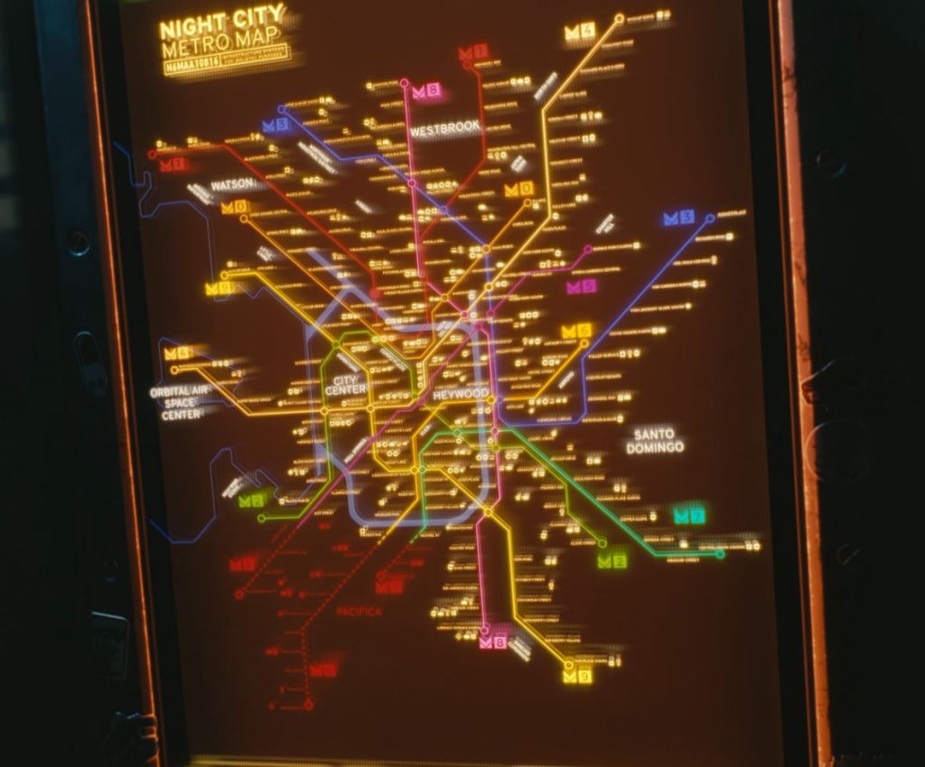 Night City Metro Map shown in early pre-release Cyberpunk 2077 gameplay trailers. Cyberpunk DLC