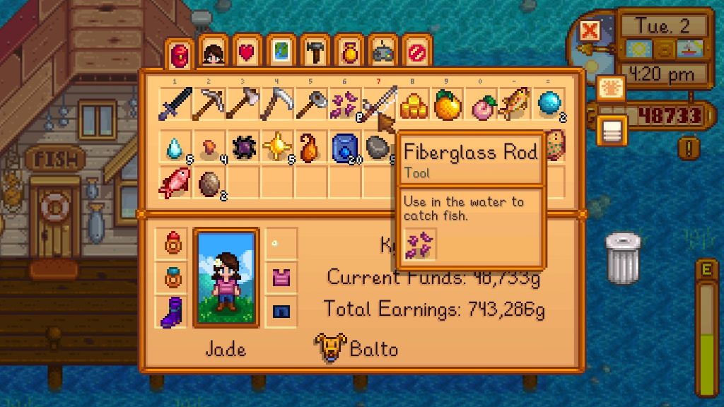 Stardew Valley Inventory with bait attached to rod