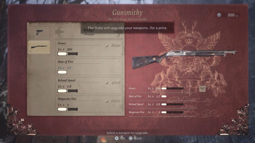 The weapon upgrade menu in Resident Evil Village