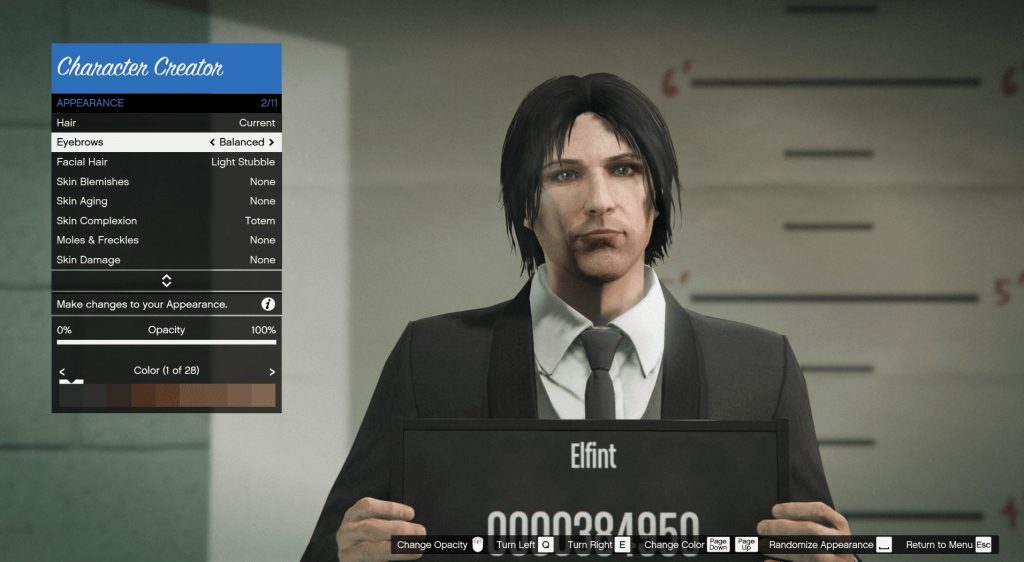 The Eyebrows option in the GTA 5 character creator menu set to balanced.