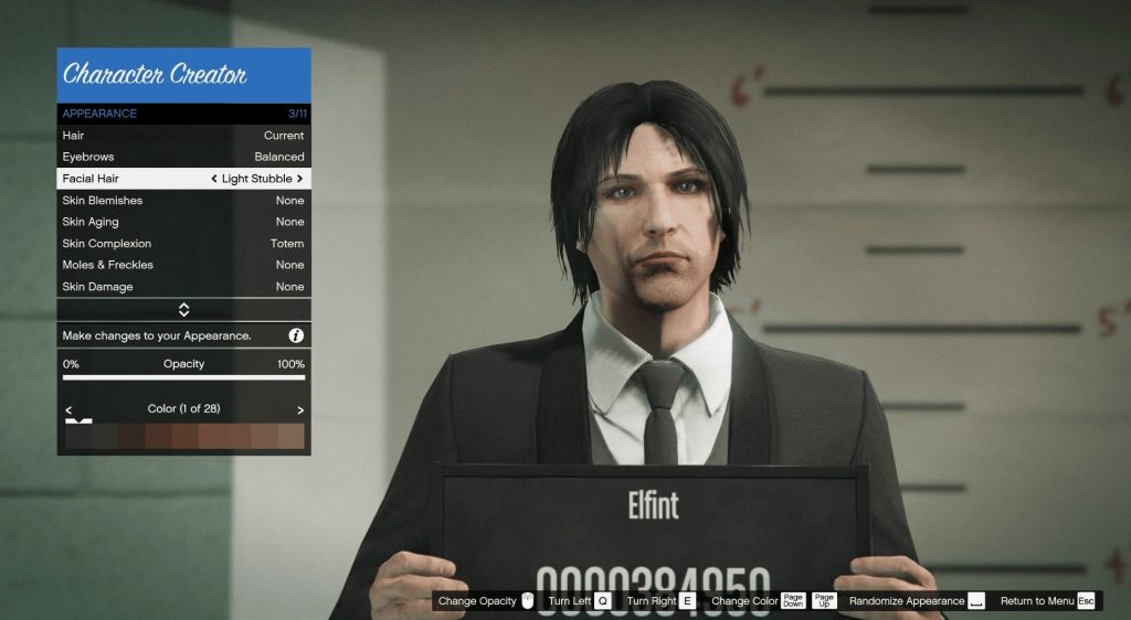 The Facial Hair option in the GTA 5 character creator menu set to light stubble.