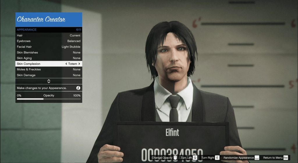 The Skin Complexion option in the GTA 5 character creator menu set to totem.