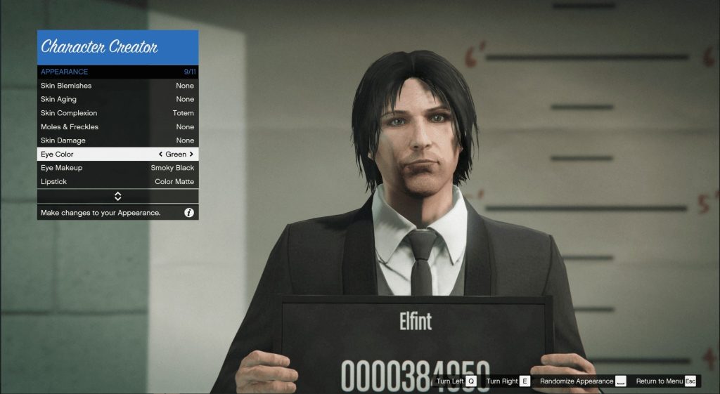 The eye color option in the GTA 5 character creator menu set to green.