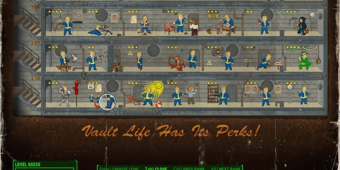 Screenshot of Fallout 4 Perks page with Max level of 65,535 and all perks unlocked