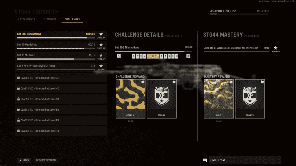 Challenges tab for the weapon in Vanguard and the rewards for completing them