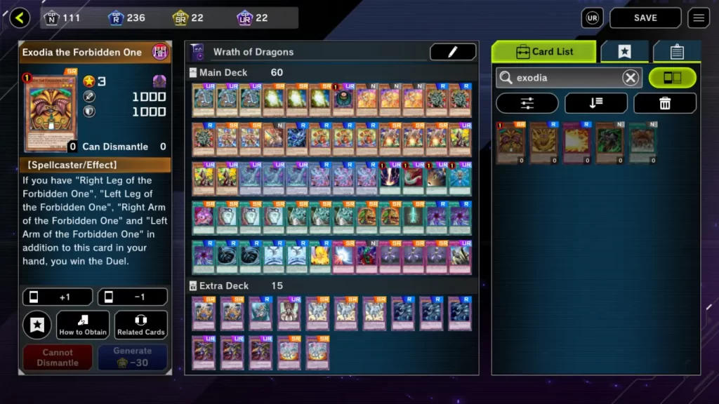 Example Exodia, again featuring the wishlist button in the bottom left in Yu Gi Oh Master duel