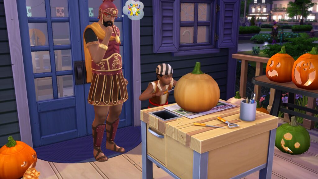 A Sim using the carving station to carve a pumpkin in the Sims 4