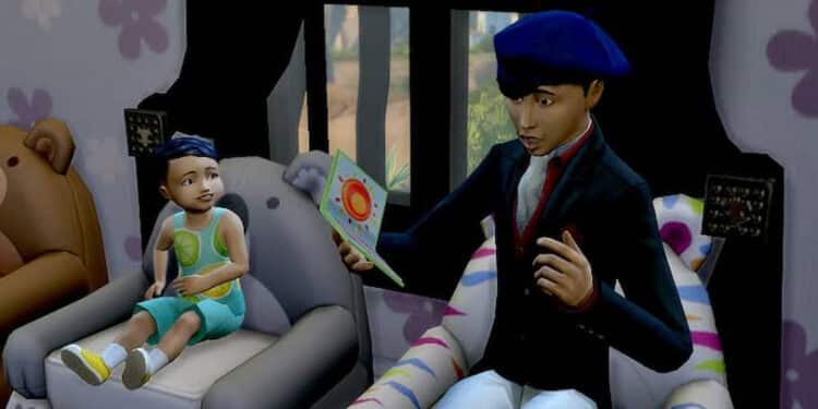 Sim reading to a small child in the Sims 4.