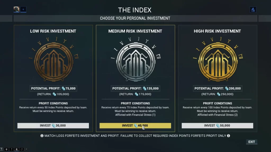 The index difficulty selection screen in Warframe