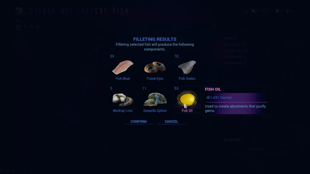 rewards for cutting the selected fish in warframe