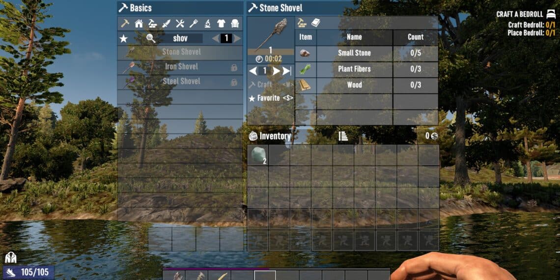 Showing the crafting recipe of stone shovel in 7 Days to Die