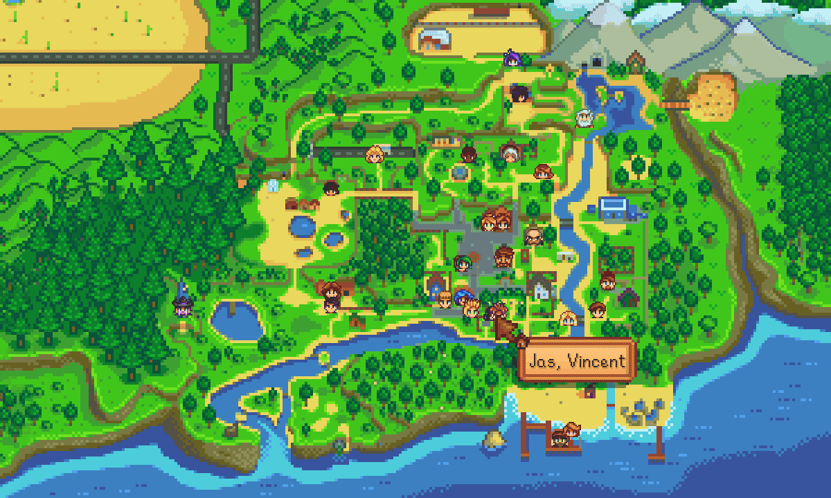 Map of Stardew Valley's Pelican Town with NPC icons