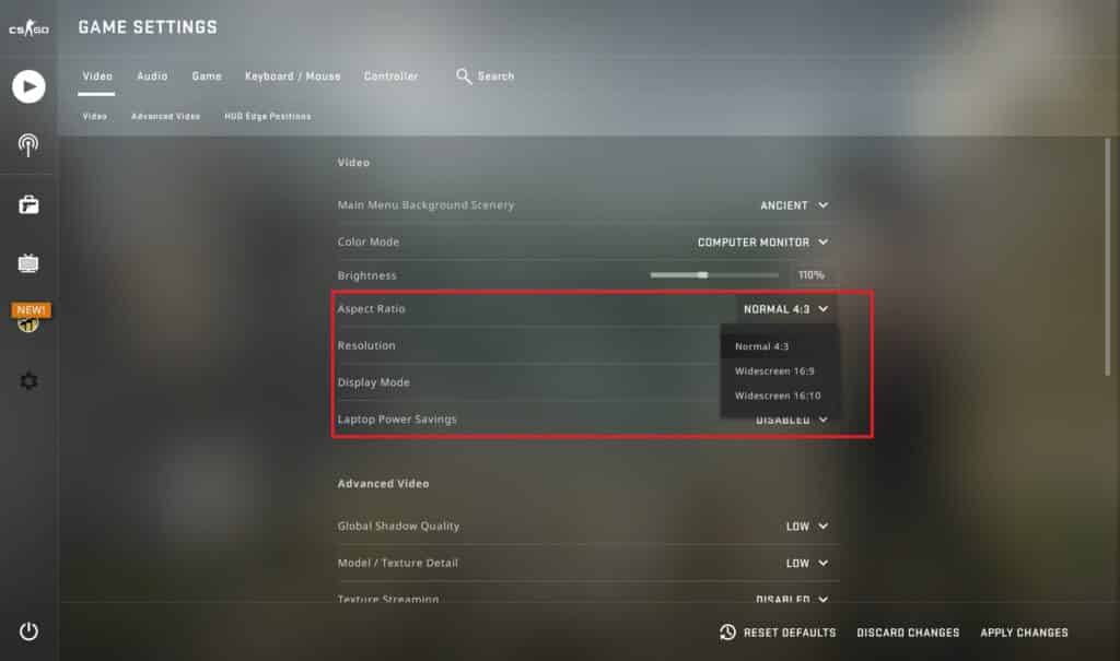Screenshot of CSGO settings menu showing you aspect ratio options