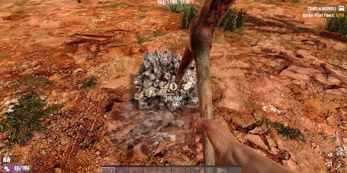 Player character mining potassium nitrate node in the desert biome with a steel pickaxe