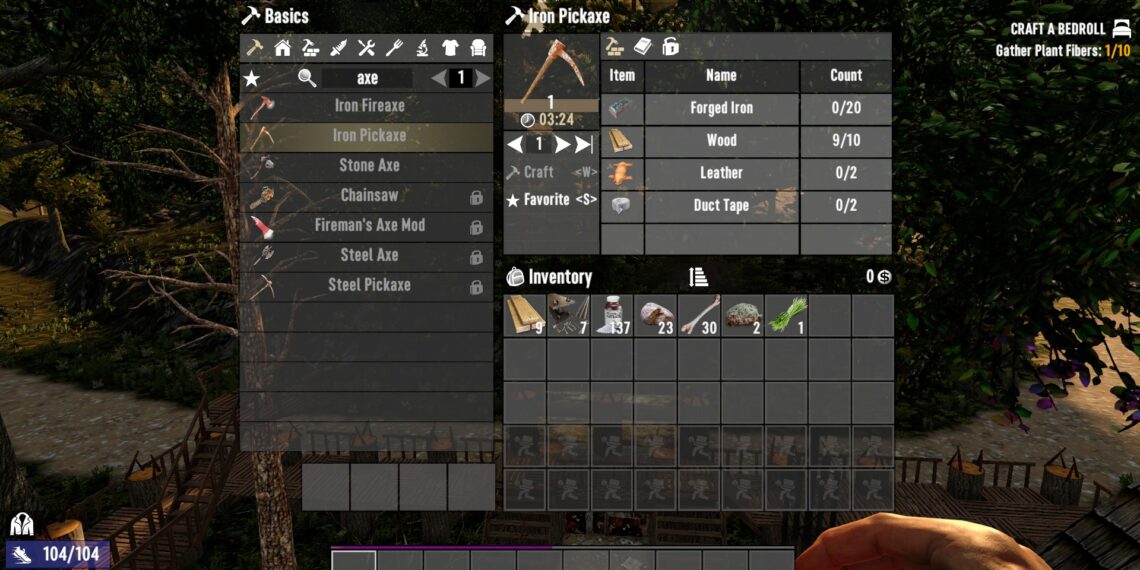 Showing the crafting recipe of iron pickaxe in 7 Days to Die