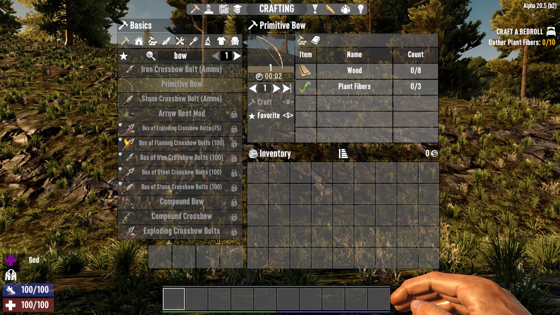 Showing the crafting recipe of primitive bow in 7 Days to Die