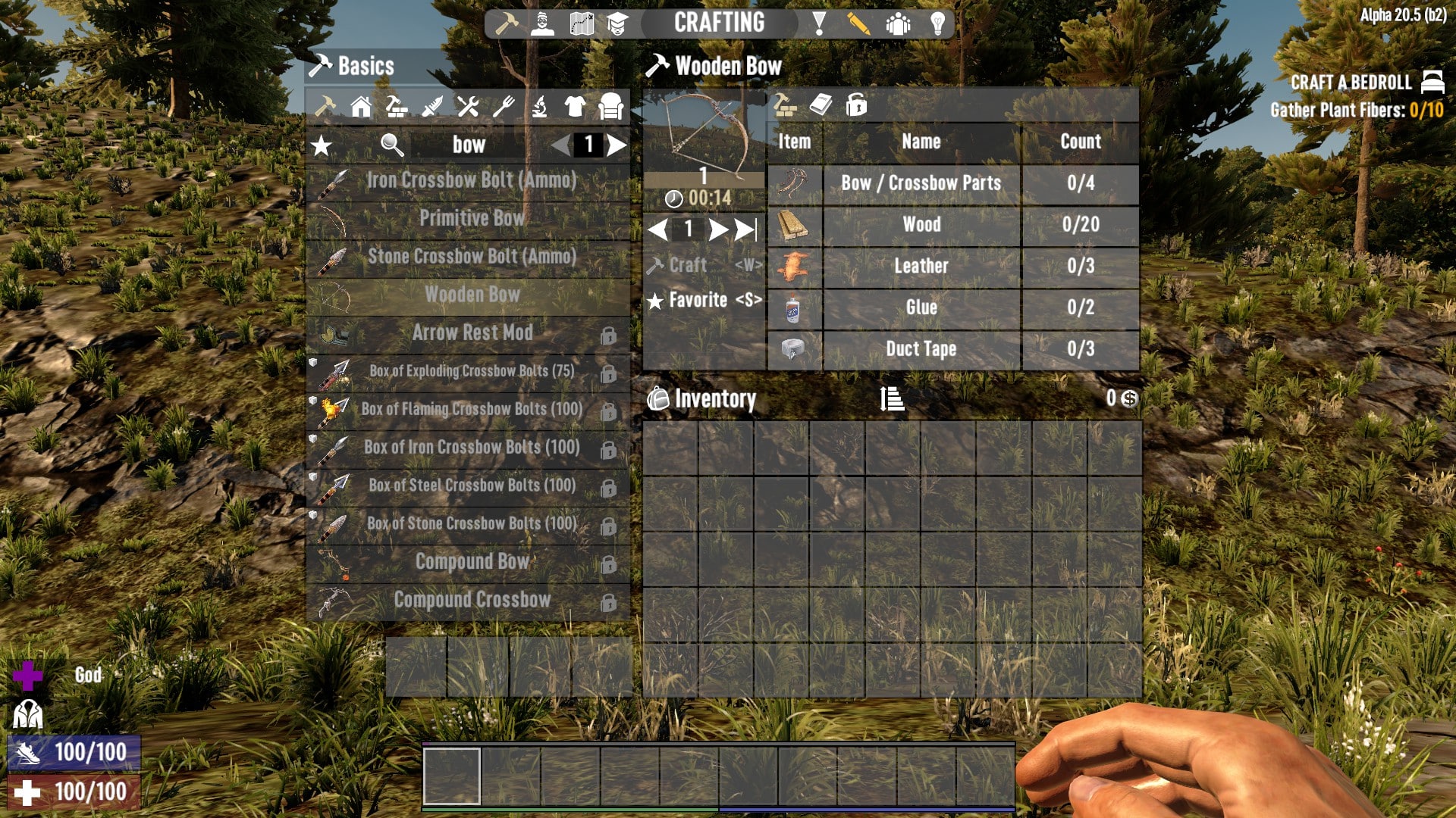 Showing the crafting recipe of wooden bow in 7 Days to Die