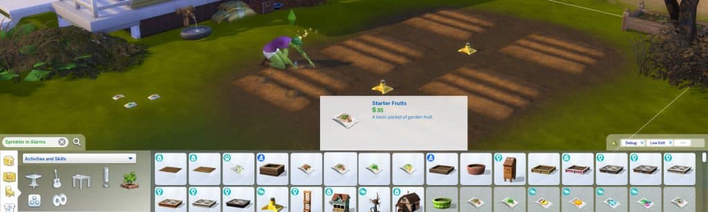 The Sims 4 build mode plant seeds and other garden tools.