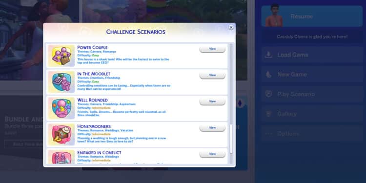 the sims 4 challenge scenario menu