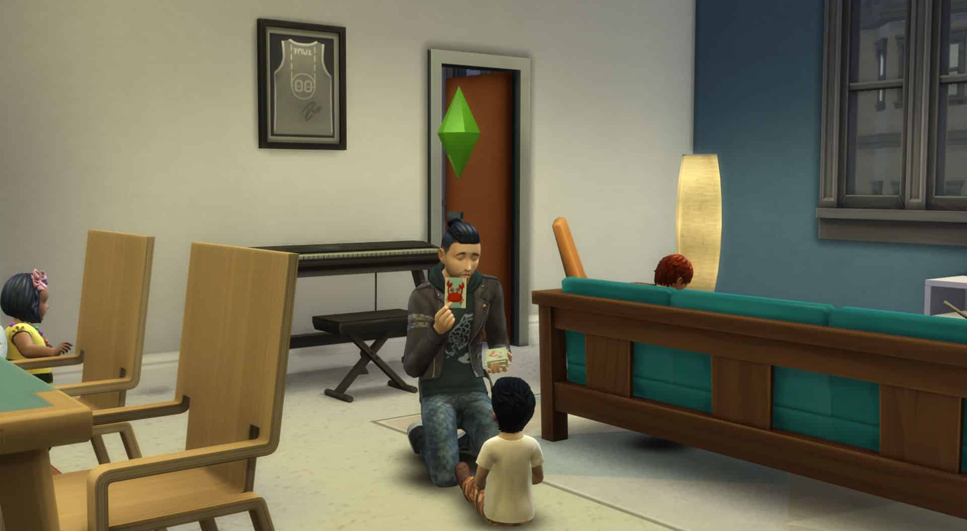 the sims 4 toddler being helped with flashcards with an adult sim