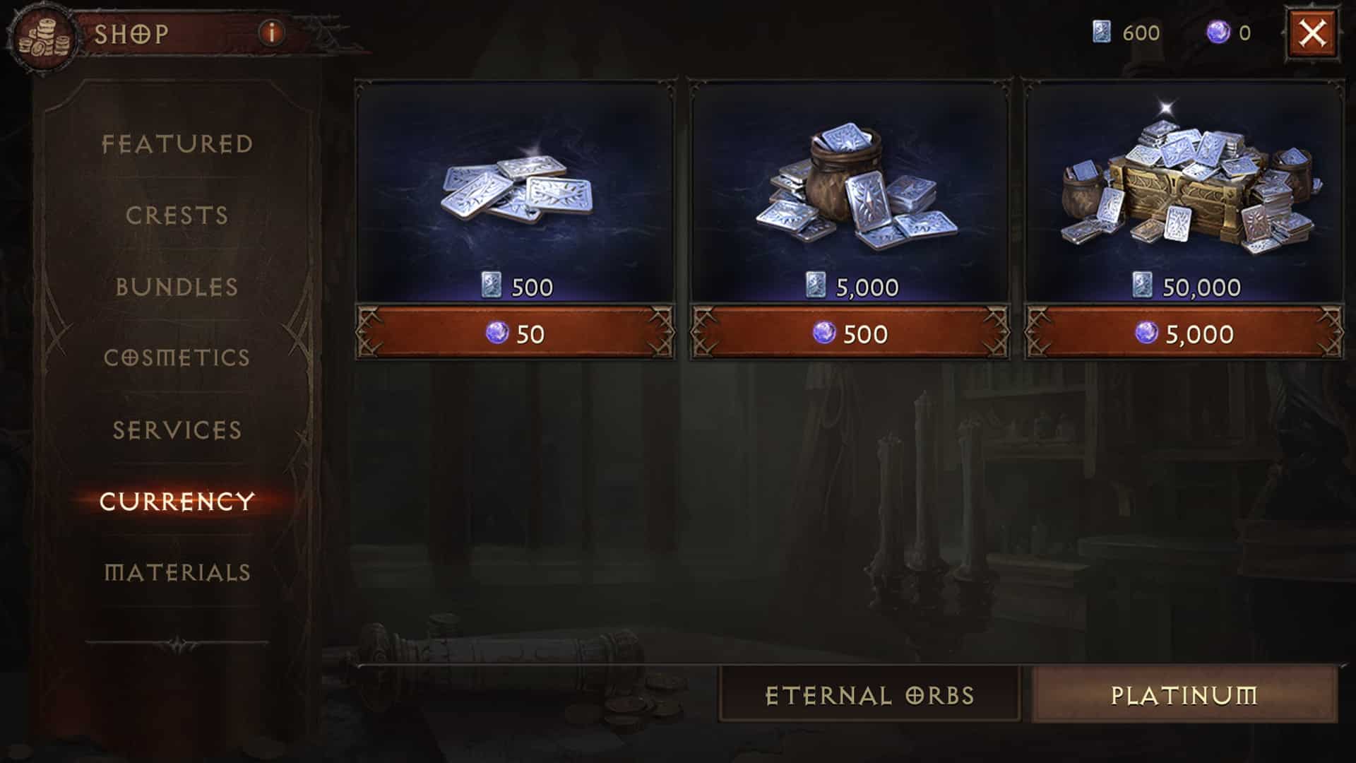 Platinum prices for Eternal Orbs