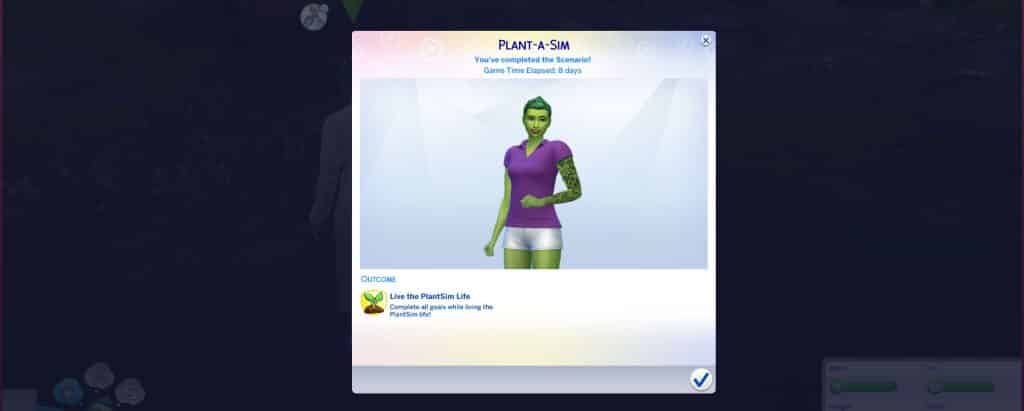The Sims 4 Plant-A-Sim- scenario completion screen.