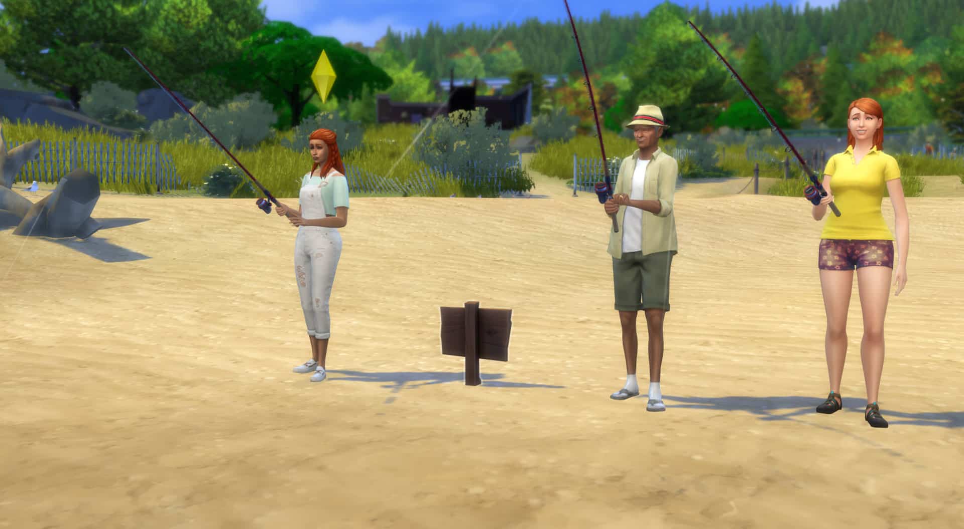 the sims 4 sims fishing on beach for the no skills no problem scenario