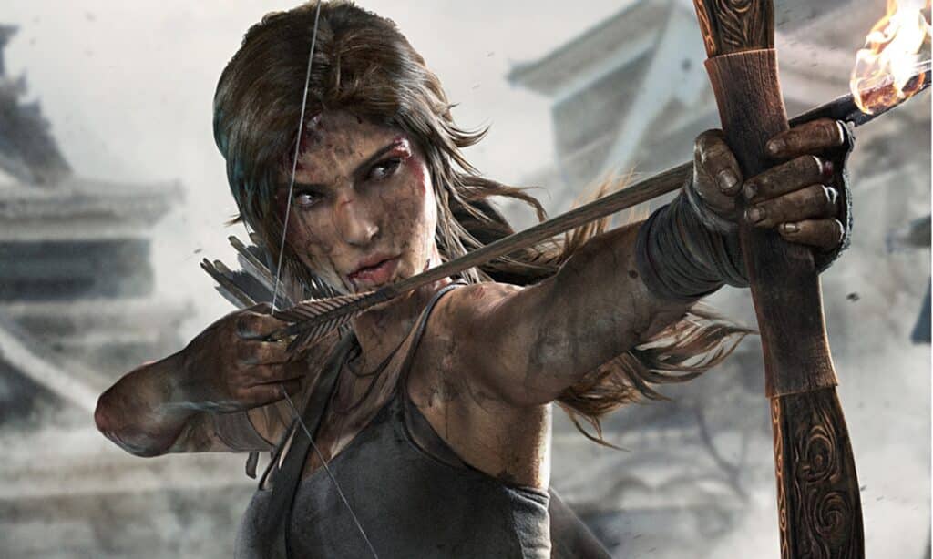 Lara Croft shooting a arrow in Tomb Raider