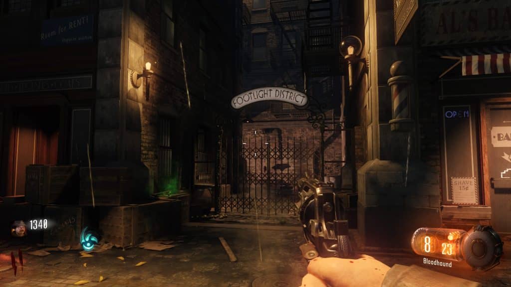 The sign that leads to the footlight district in Shadows of Evil