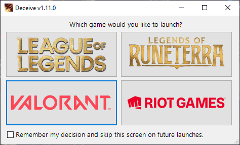Menu of the Deceive software that you can use for every game by Riot Games.