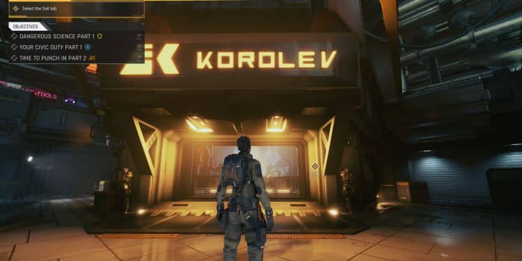 Player character in the cycle standing in front of Korolev market place
