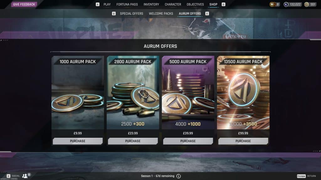 Aurum bundles in the game's store