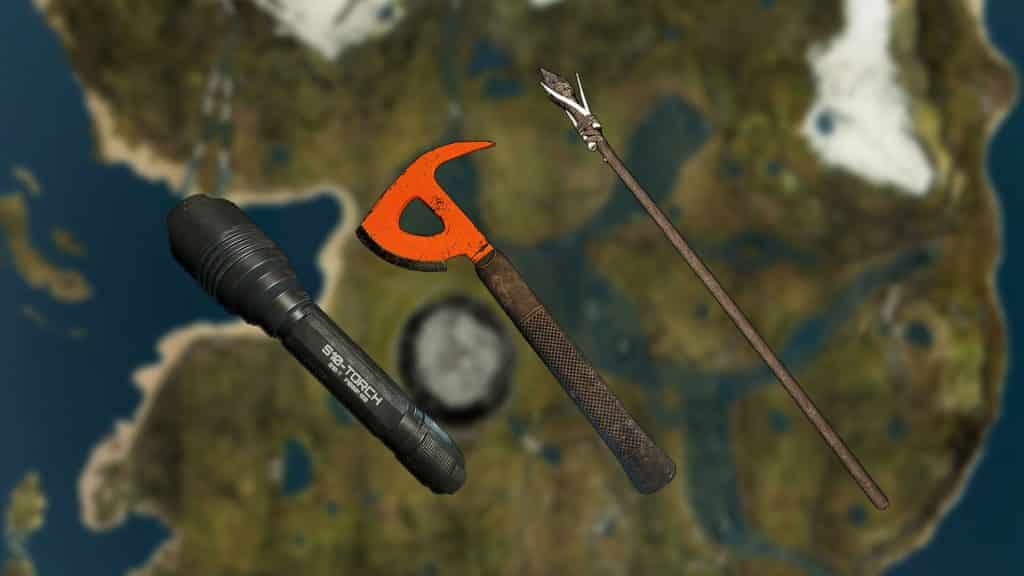 the forest flashlight, axe, and spear