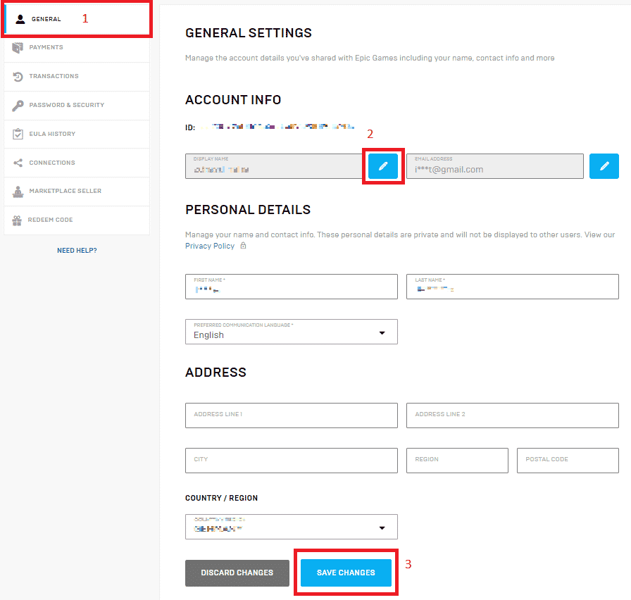 Epic Games general settings tab display name section