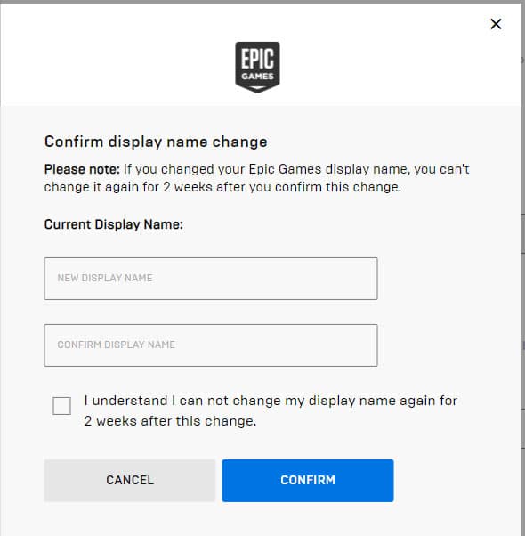 Epic Games name change confirmation popup