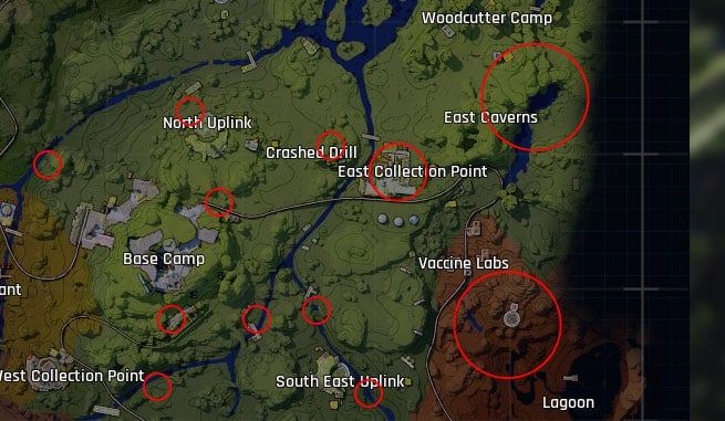 the cycle frontier base camp and east collection point veltecite locations circled in red