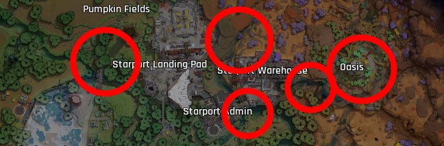 starport landing pad, starport warehouse, and oasis in the cycle veltecite locations circled in red