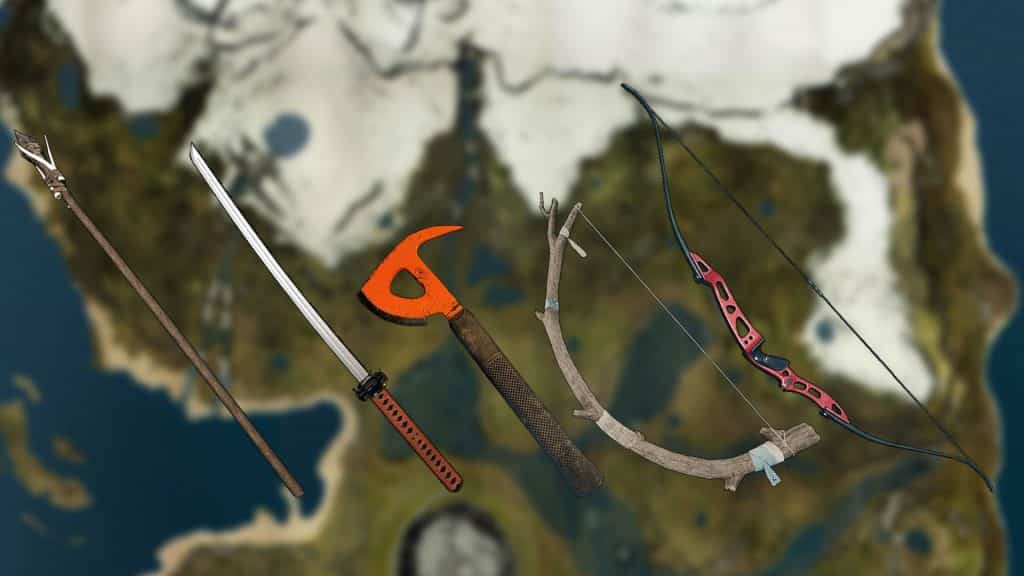 The Forest upgraded spear, katana, axe, common bow, and modern bow
