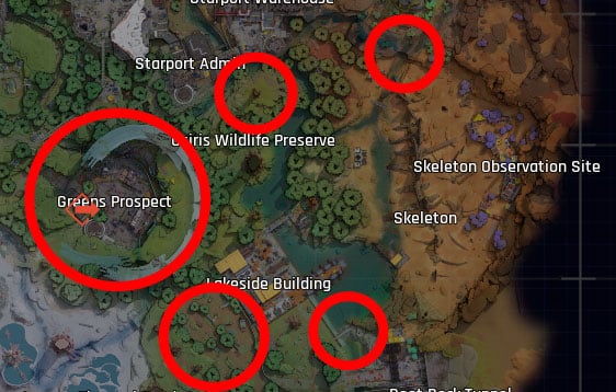 the cycle frontier greens prospect, Osiris wildlife preserve, lakeside building, and skeleton observation site veltecite locations circled in red