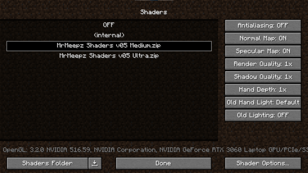 Minceraft shader settings menu