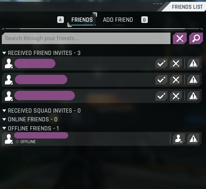the cycle: frontier friends tab with offline friends and received invites