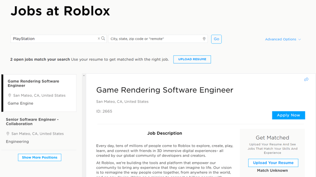 Playstation related job postings on the official Roblox career page.